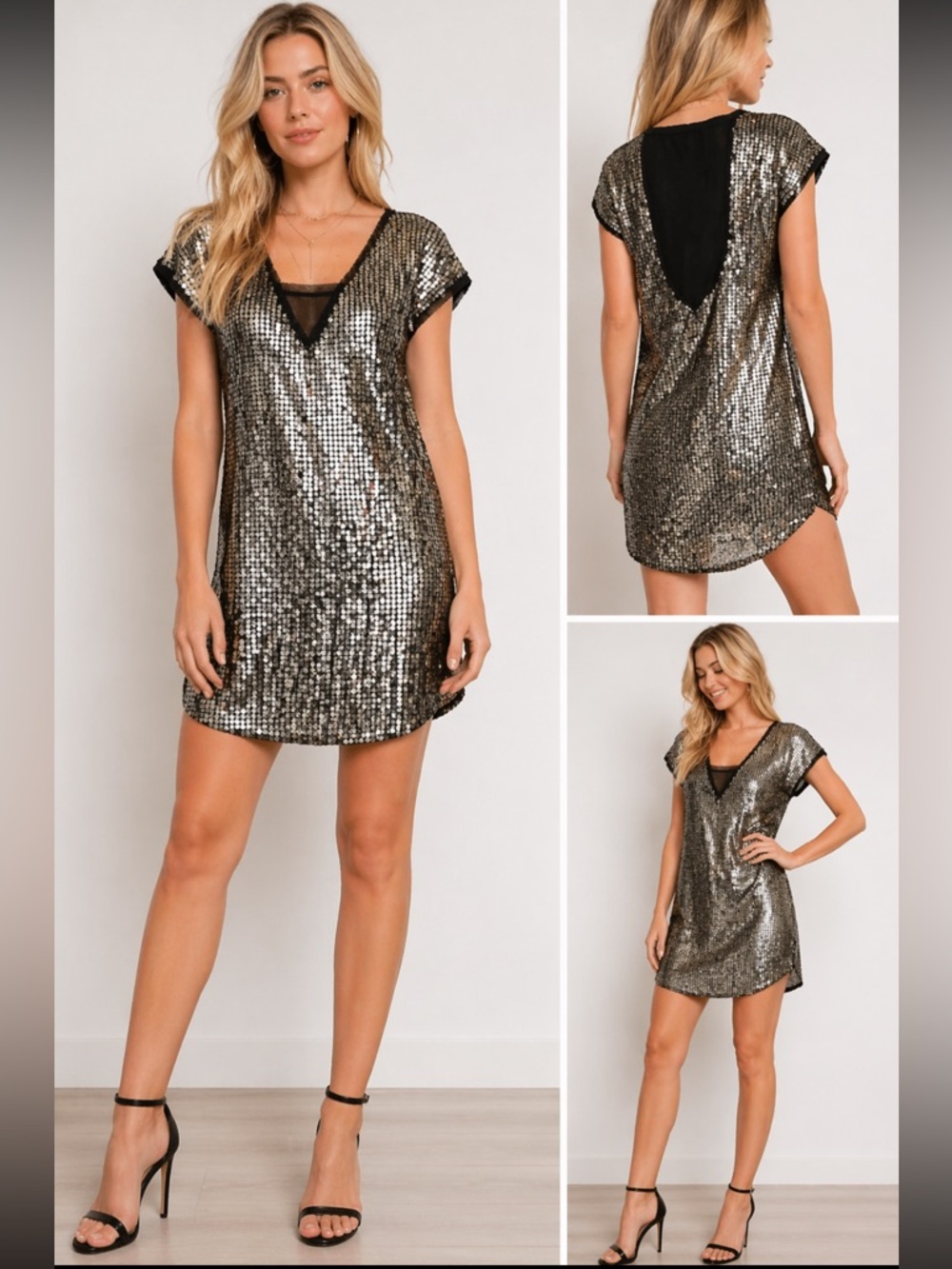 Signature8 Gold Sequin V-Neck Mini Dress with Black Trim